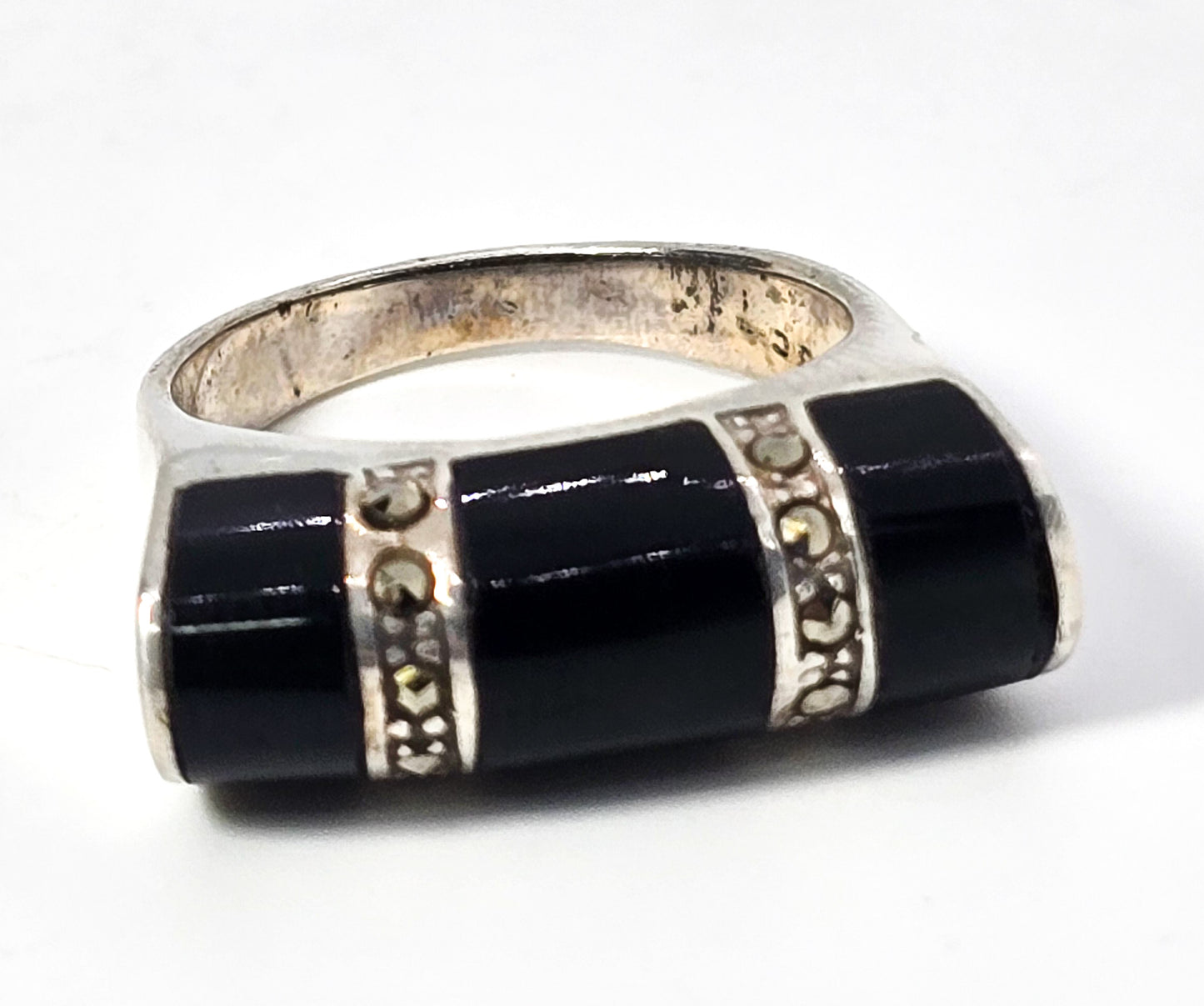 Art Deco Style Black onyx marcasite vintage JC sterling silver bar ring size 7