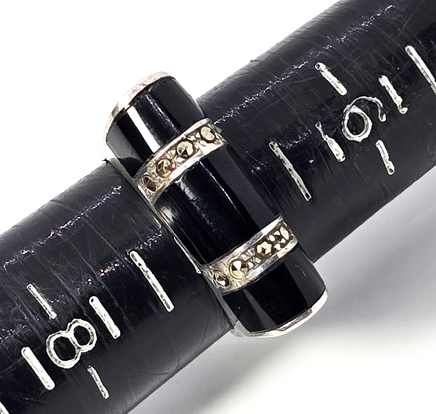 Art Deco Style Black onyx marcasite vintage JC sterling silver bar ring size 7