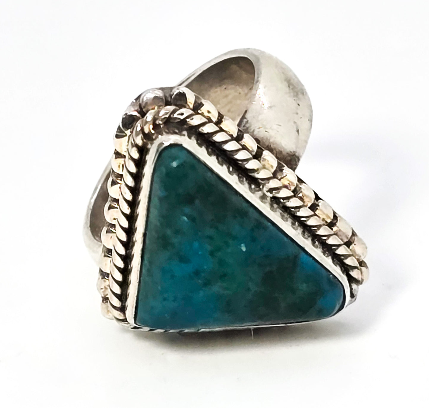 Chrysocolla Triangle Malachite Azurite vintage solid sterling silver ring size 7.5