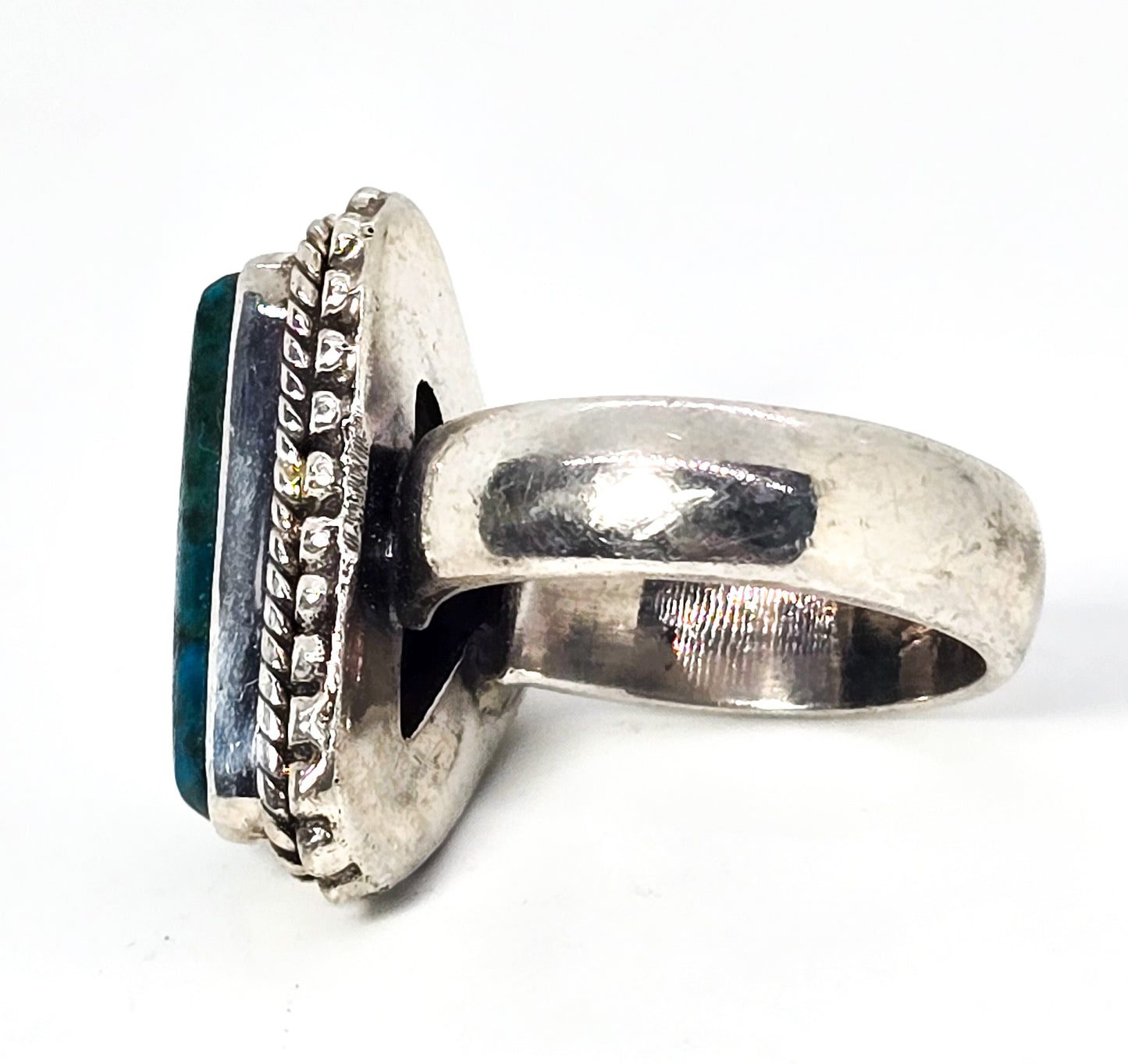 Chrysocolla Triangle Malachite Azurite vintage solid sterling silver ring size 7.5