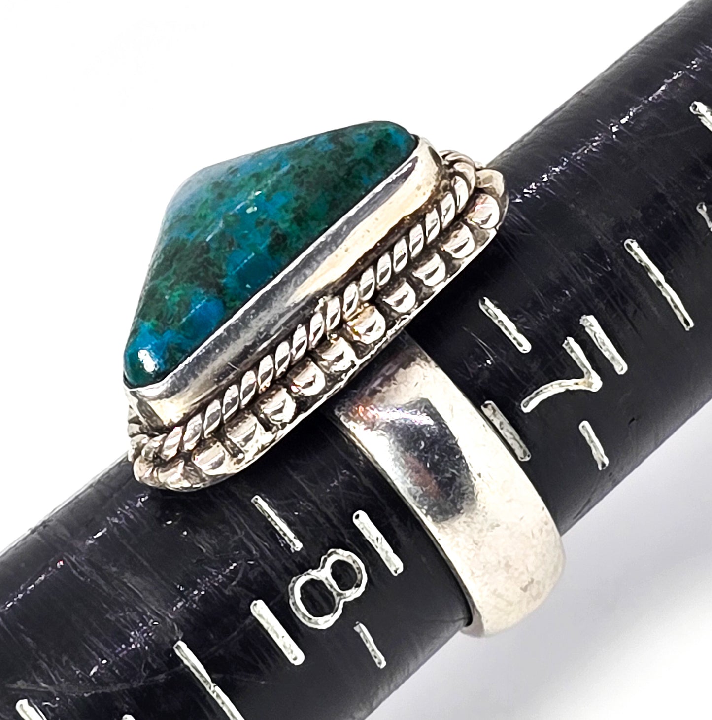 Chrysocolla Triangle Malachite Azurite vintage solid sterling silver ring size 7.5