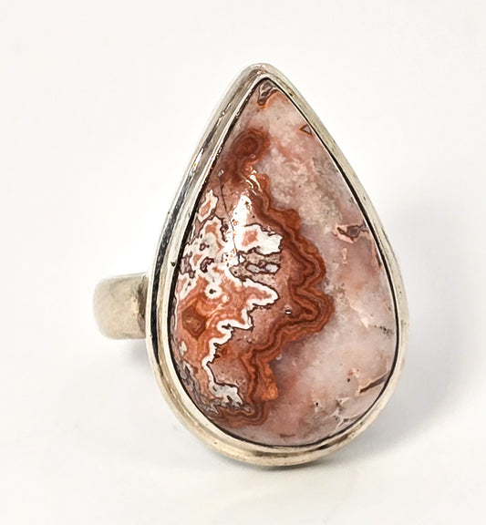 Mexican Red Banded Lace Agate vintage large solid sterling silver ring size 8.5