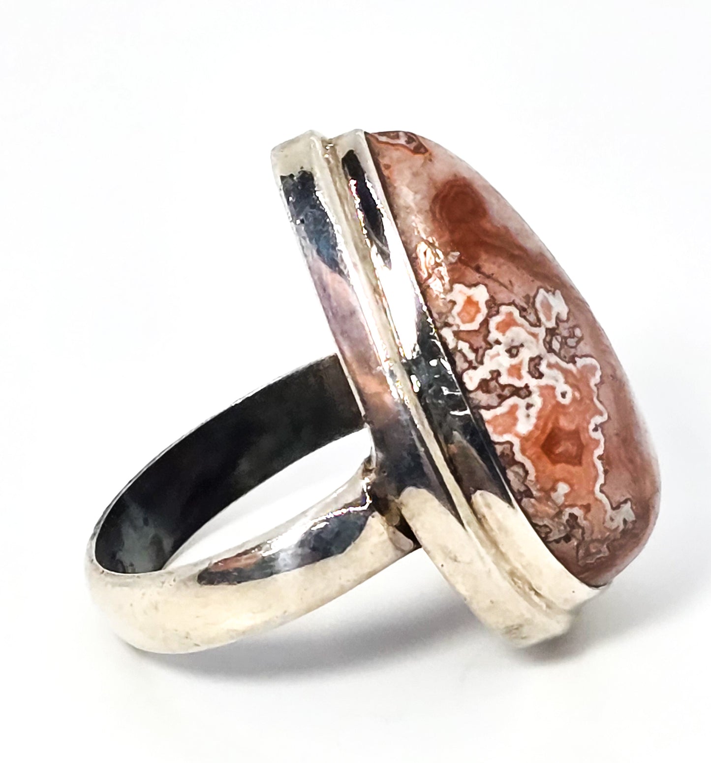 Mexican Red Banded Lace Agate vintage large solid sterling silver ring size 8.5