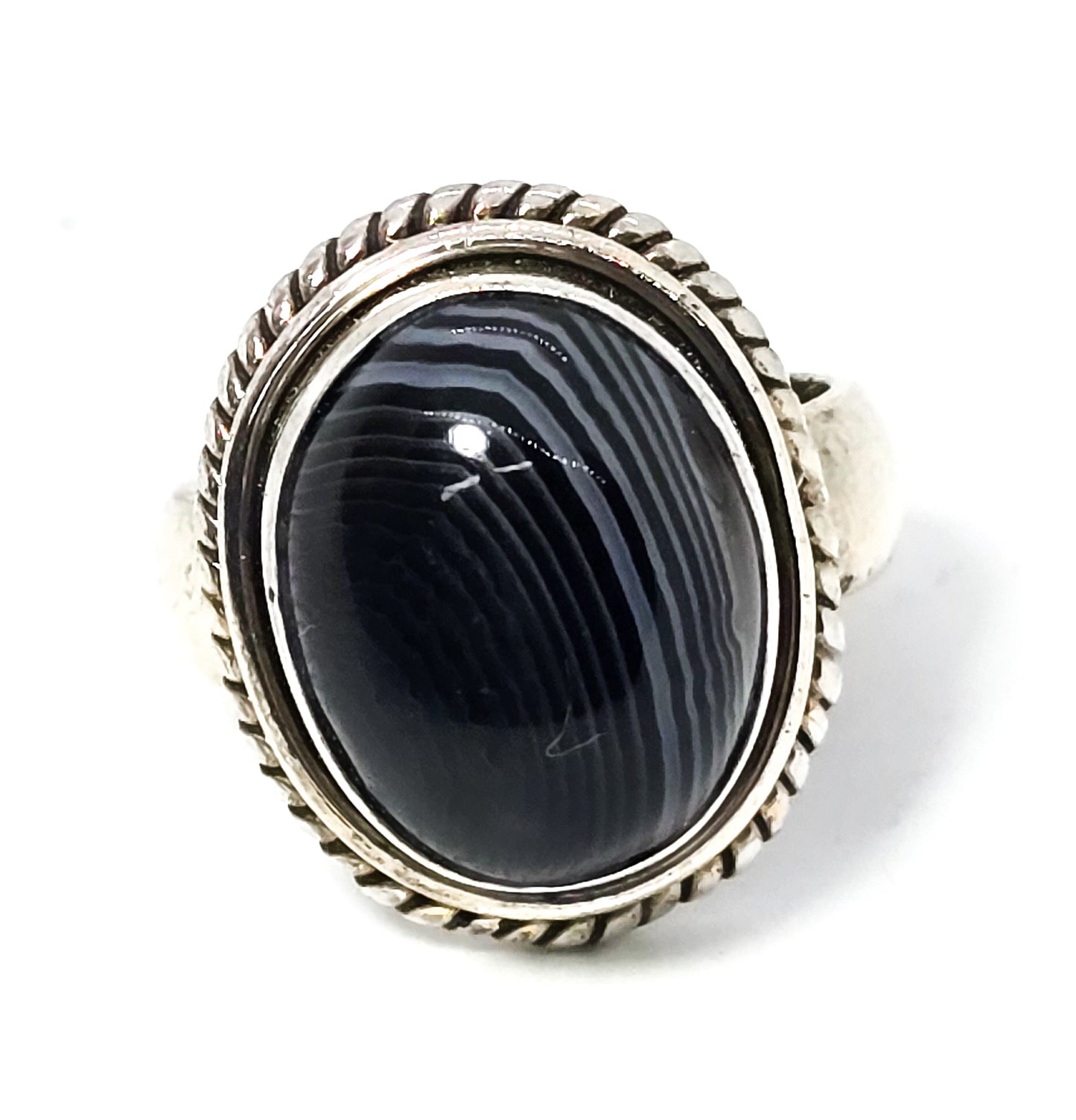 Black Sardonyx banded agate gemstone vintage solid sterling silver ring size 8