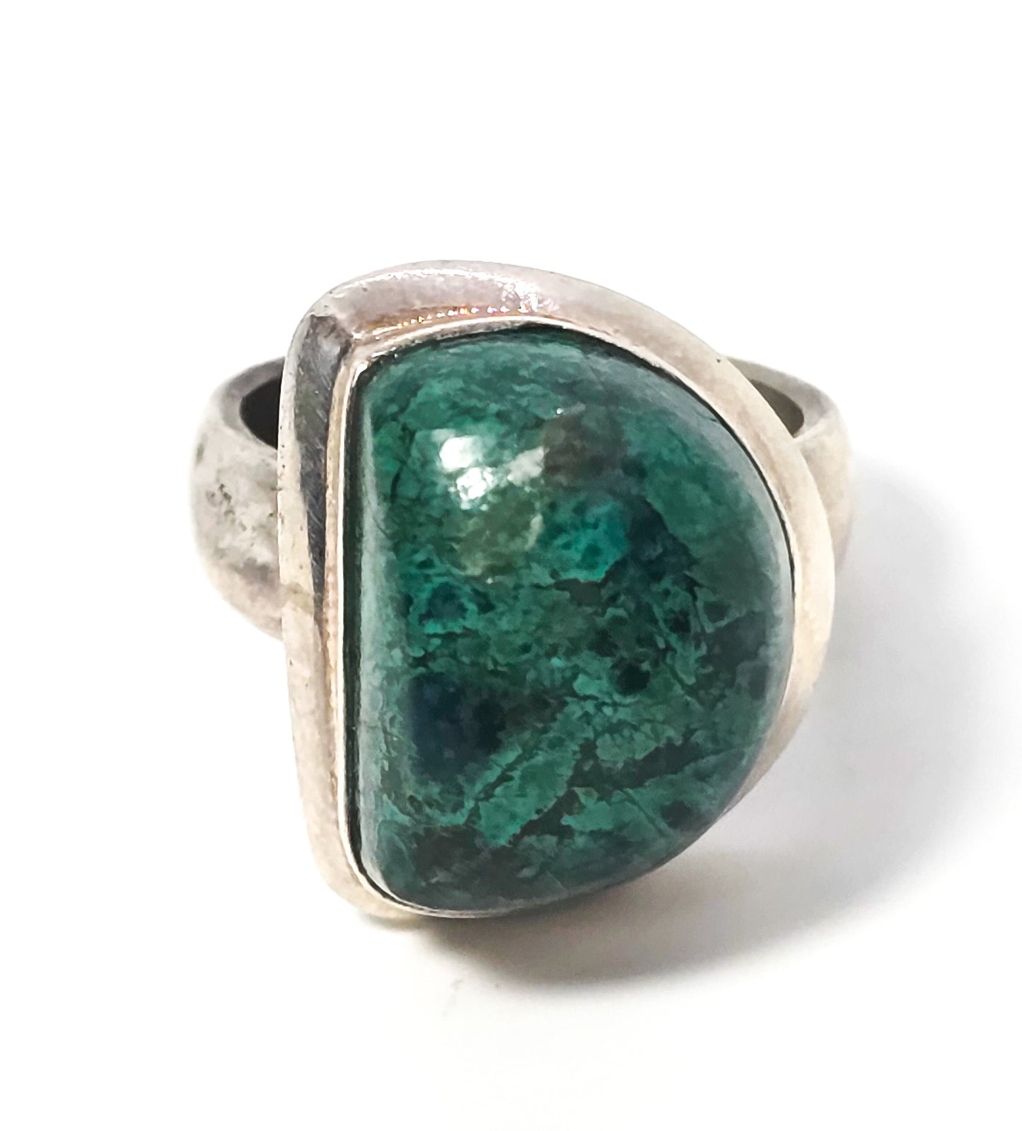 Chrysocolla Half Moon Malachite Azurite vintage solid sterling silver ring size 8