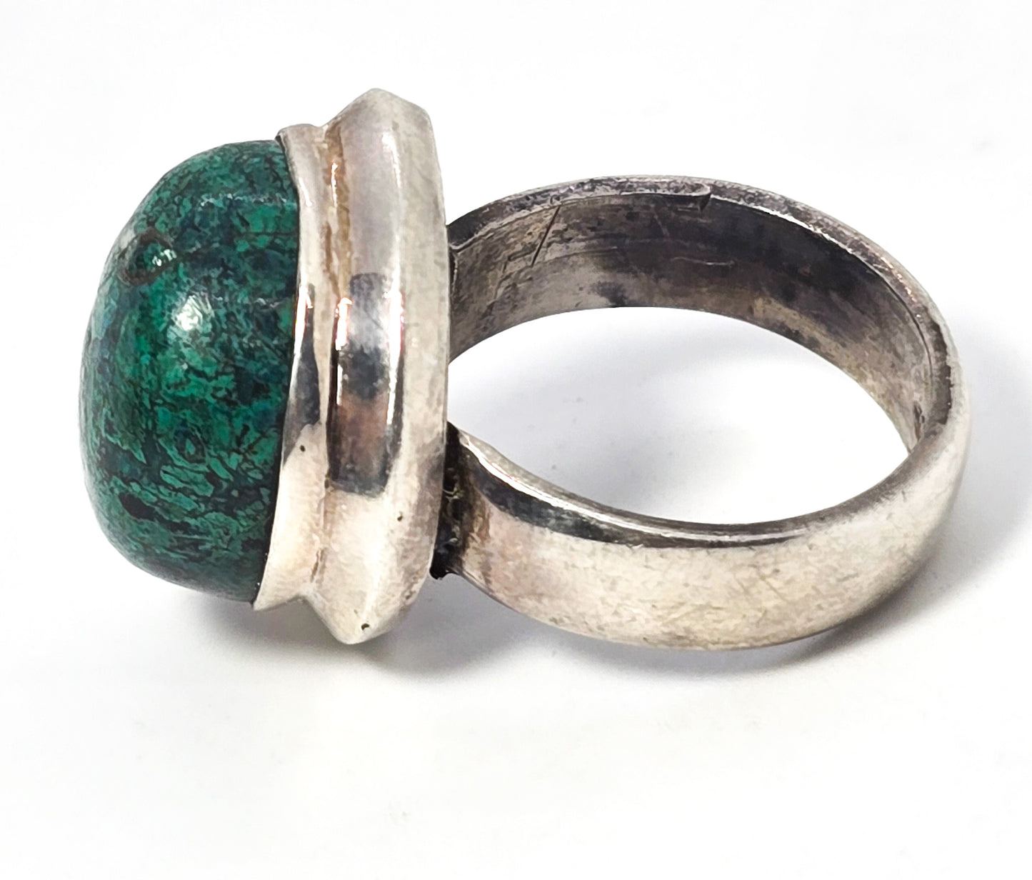 Chrysocolla Half Moon Malachite Azurite vintage solid sterling silver ring size 8