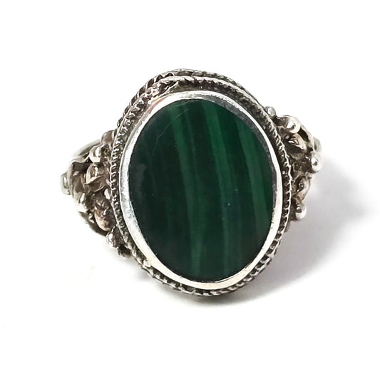 Malachite oval tribal Bali decorated vintage sterling silver ring size 6