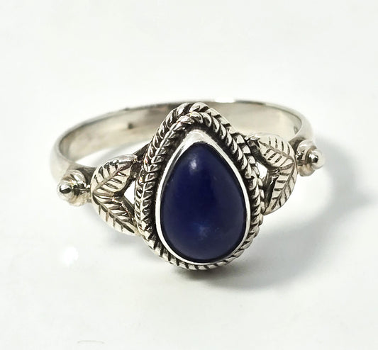 Lapis Lazuli tribal Bali Balinese pear cut vintage sterling silver ring size 8
