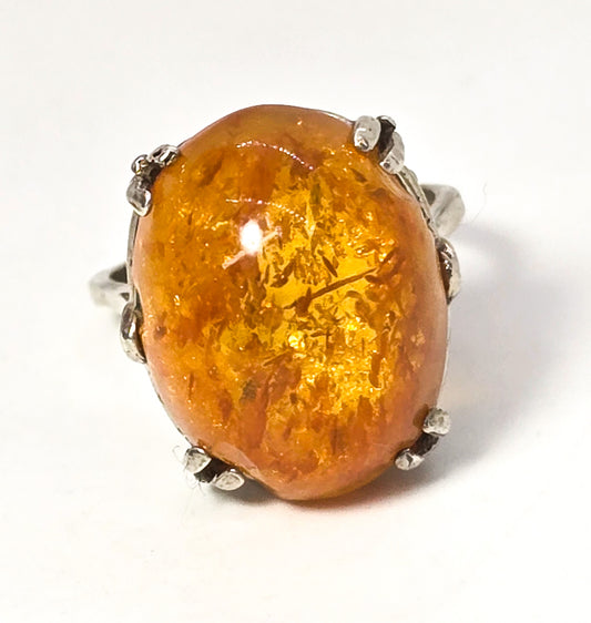 Orange Lucite sterling silver vintage large statement ring size 7