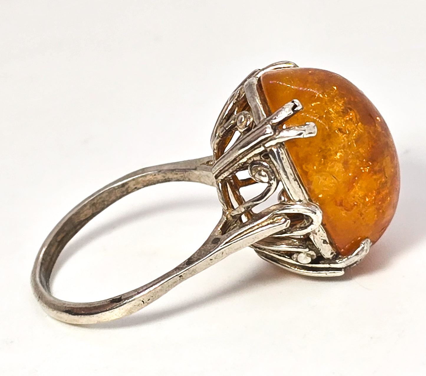 Orange Lucite sterling silver vintage large statement ring size 7