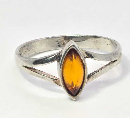 Orange amber marquis modernist split shank sterling silver ring size 8.5
