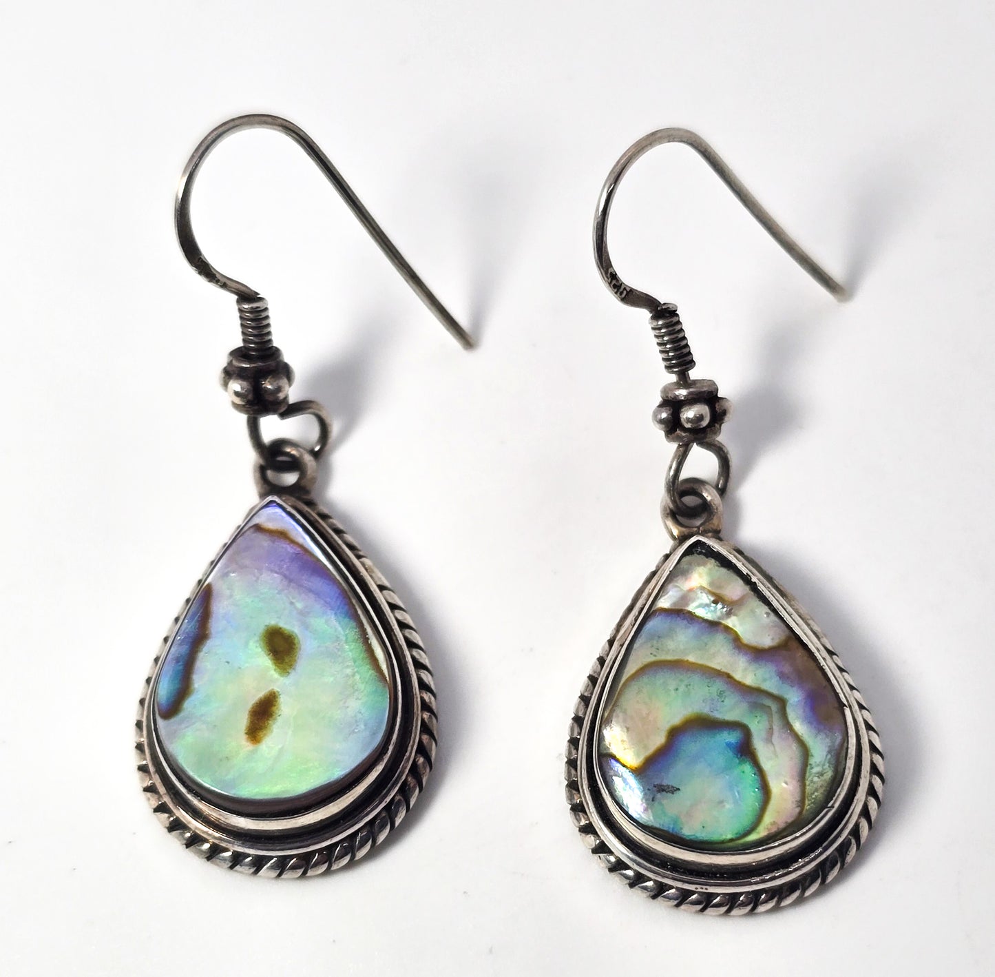 Abalone Paua shell framed thick heavy vintage sterling silver drop earrings