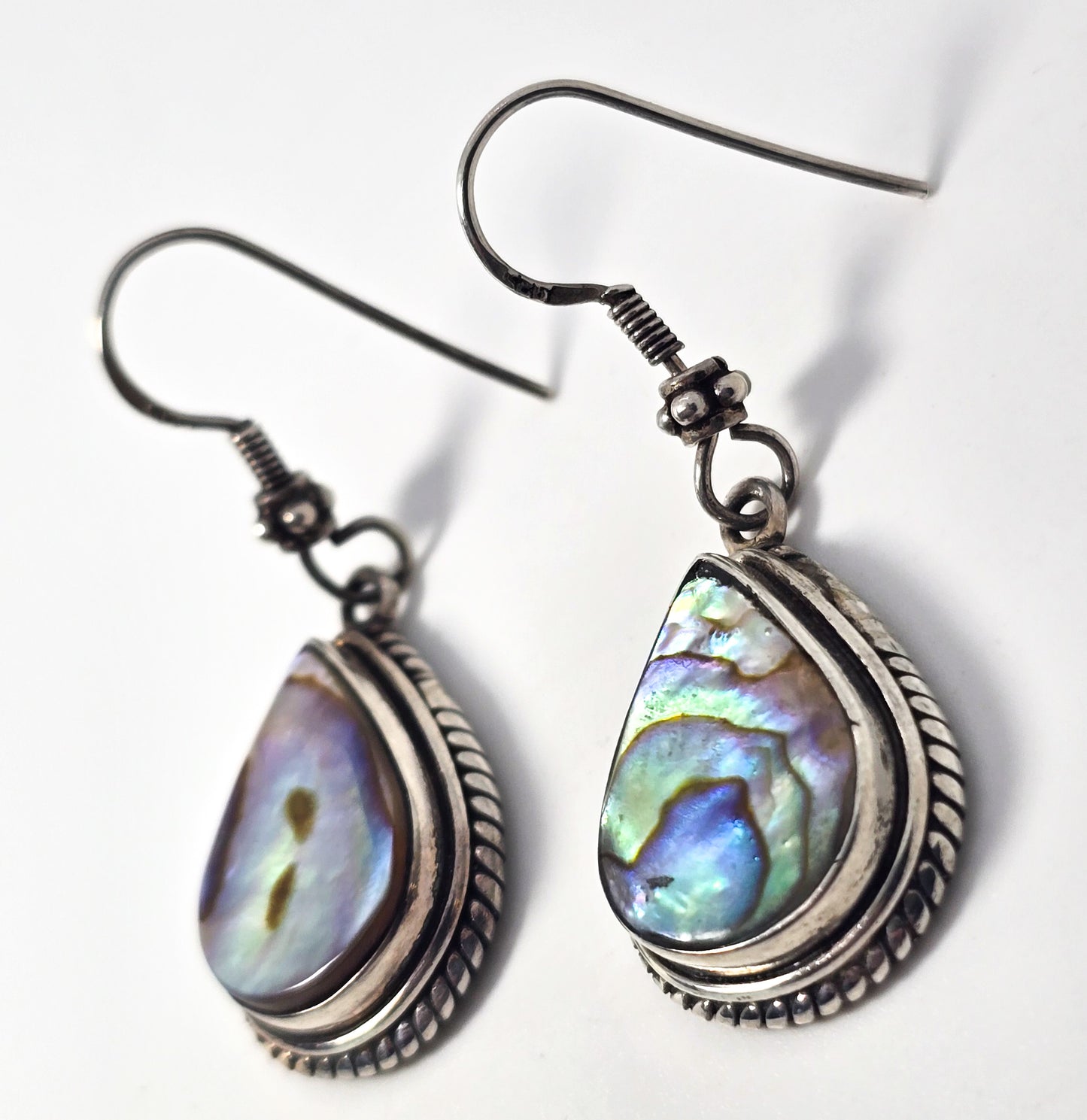 Abalone Paua shell framed thick heavy vintage sterling silver drop earrings
