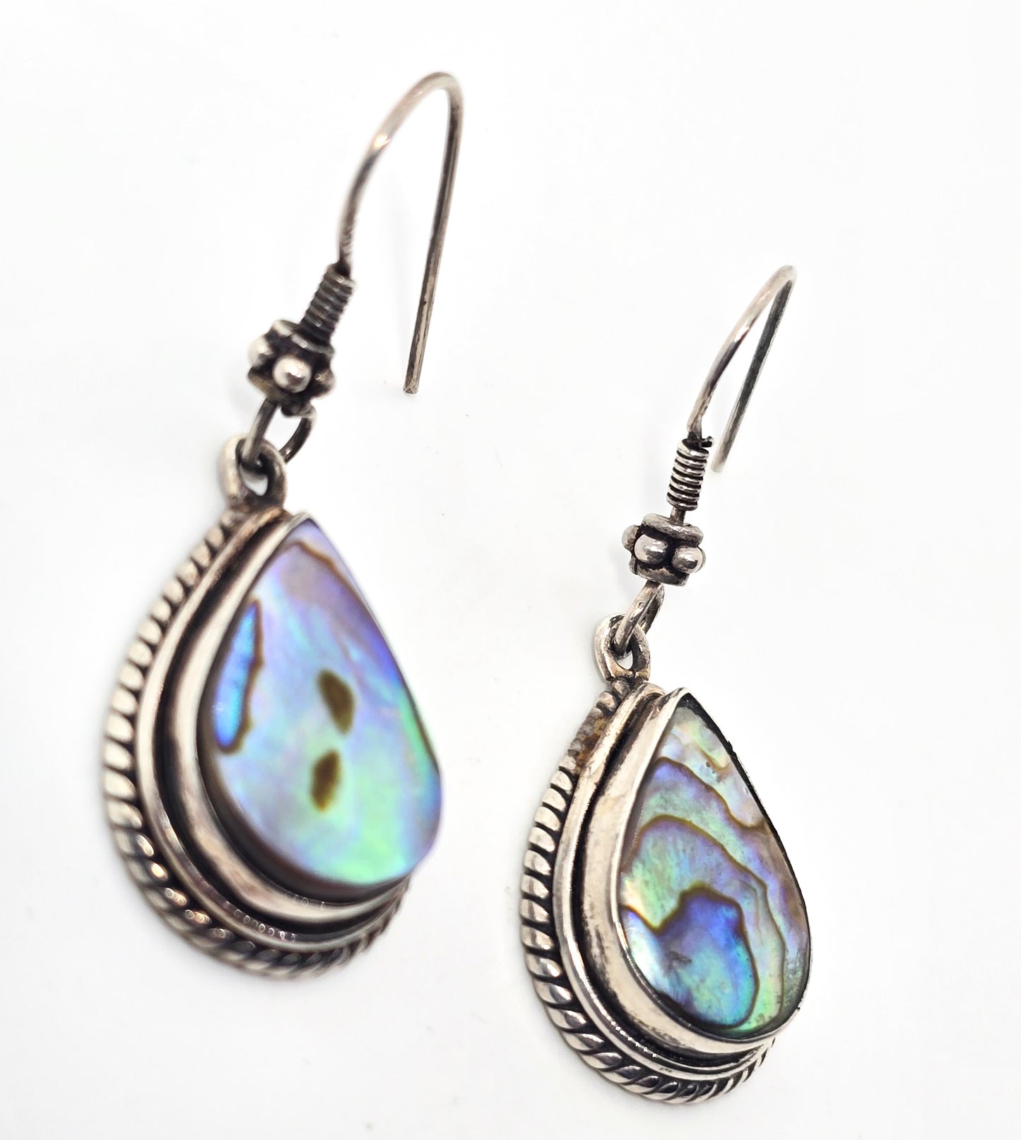Abalone Paua shell framed thick heavy vintage sterling silver drop earrings