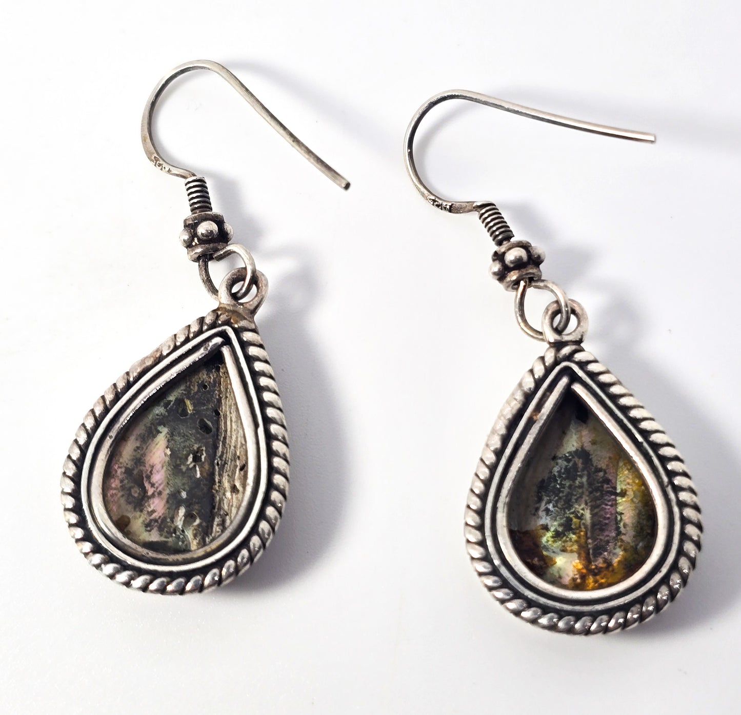 Abalone Paua shell framed thick heavy vintage sterling silver drop earrings