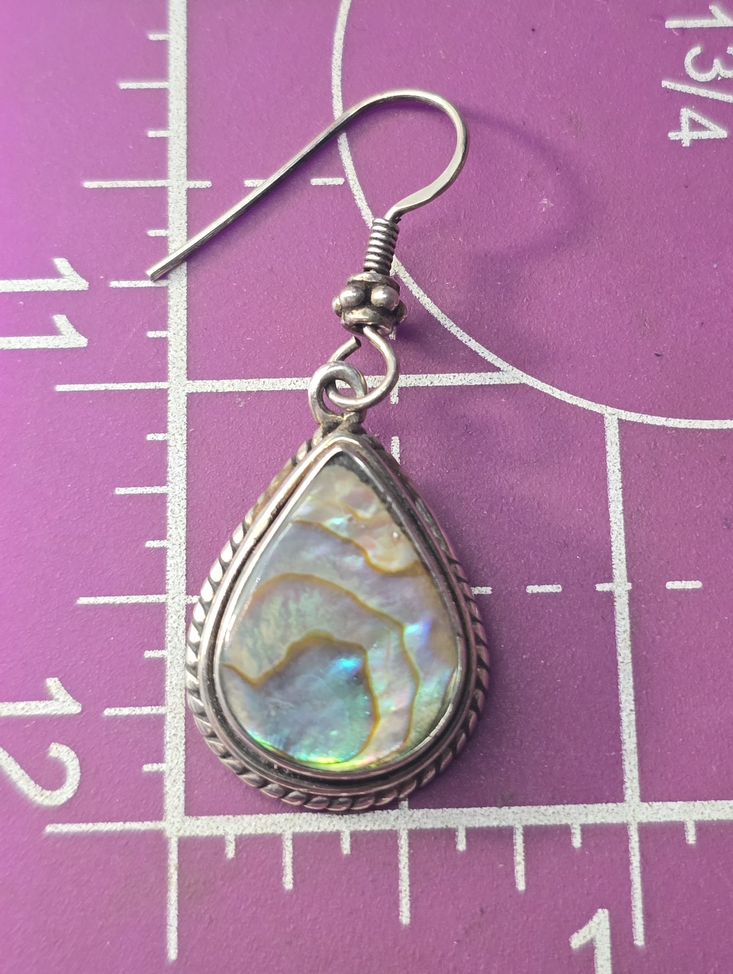 Abalone Paua shell framed thick heavy vintage sterling silver drop earrings