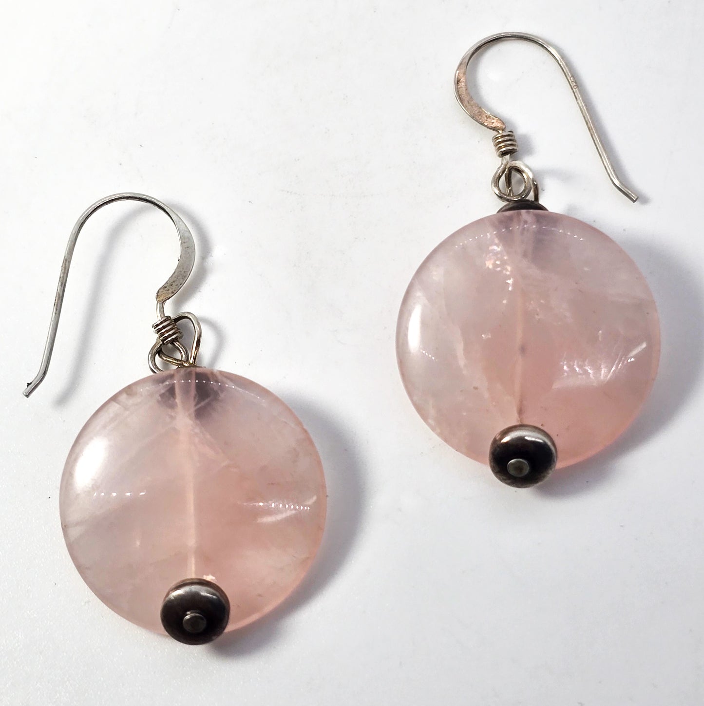 Rose Quartz pink gemstone disk large vintage sterling silver hook earrings