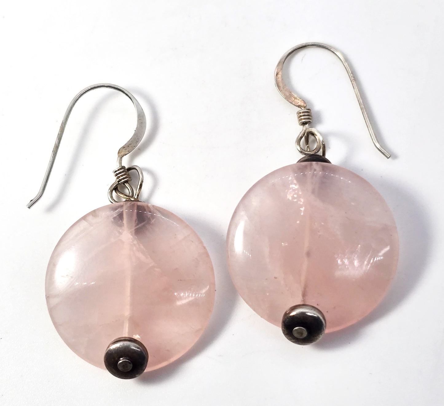 Rose Quartz pink gemstone disk large vintage sterling silver hook earrings