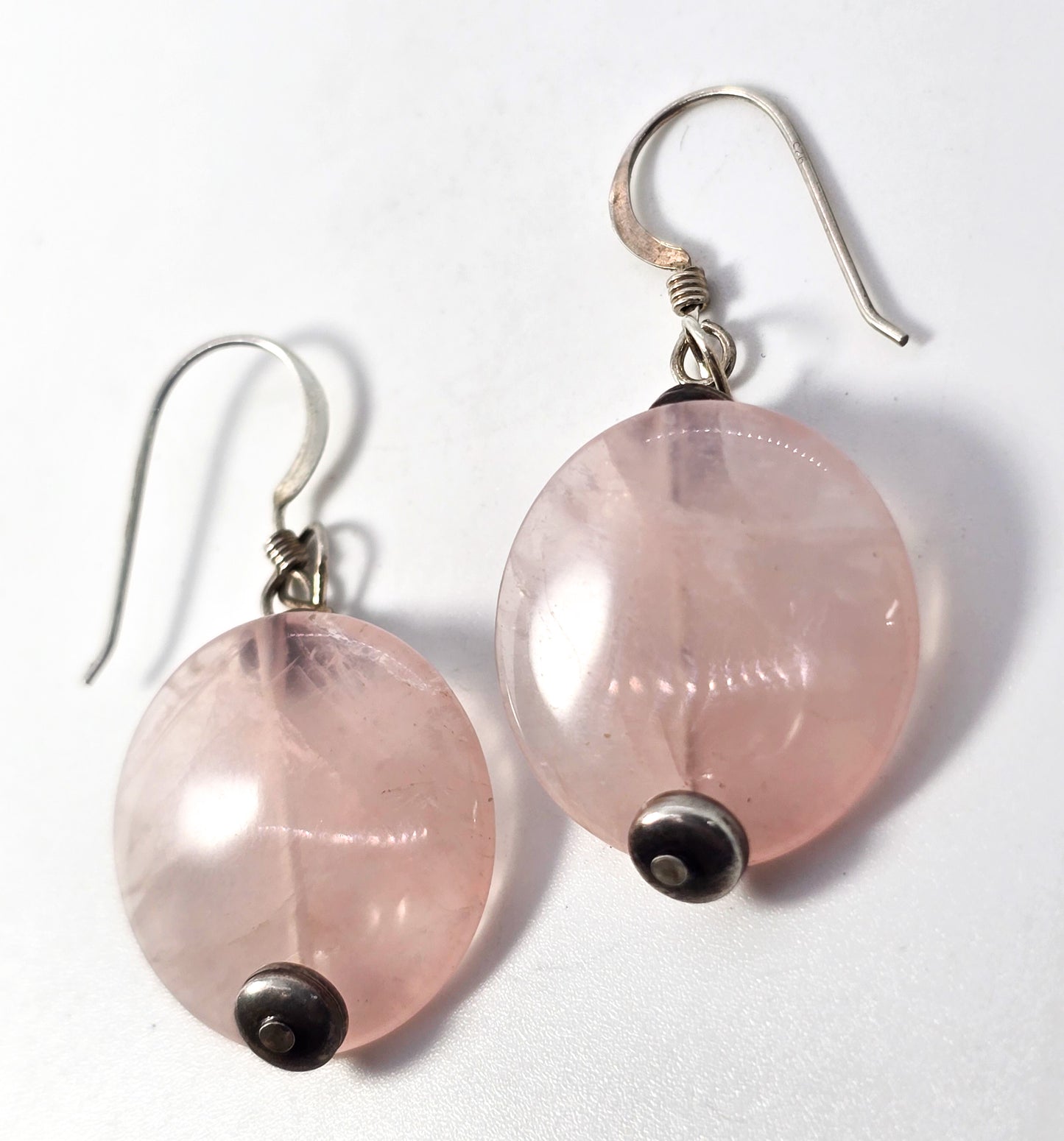 Rose Quartz pink gemstone disk large vintage sterling silver hook earrings