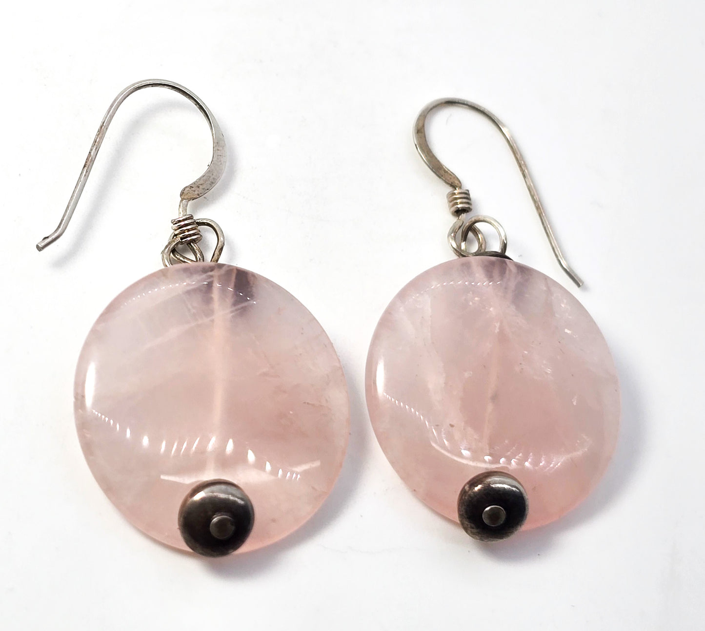 Rose Quartz pink gemstone disk large vintage sterling silver hook earrings
