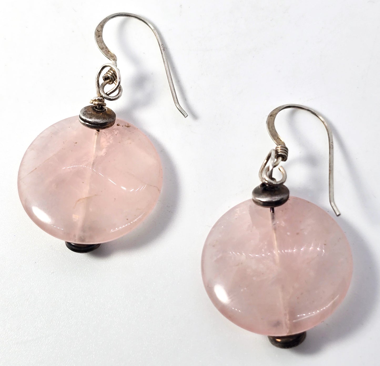 Rose Quartz pink gemstone disk large vintage sterling silver hook earrings