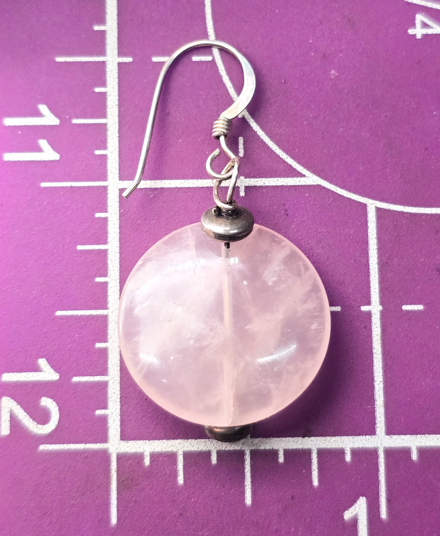 Rose Quartz pink gemstone disk large vintage sterling silver hook earrings