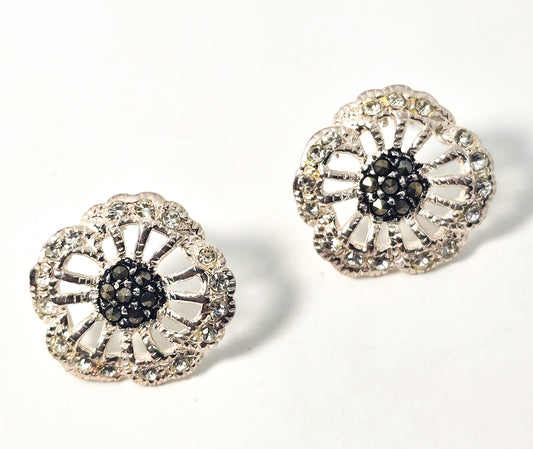 Marcasite flower rhinestone open petal sterling silver rhodium plated stud earrings