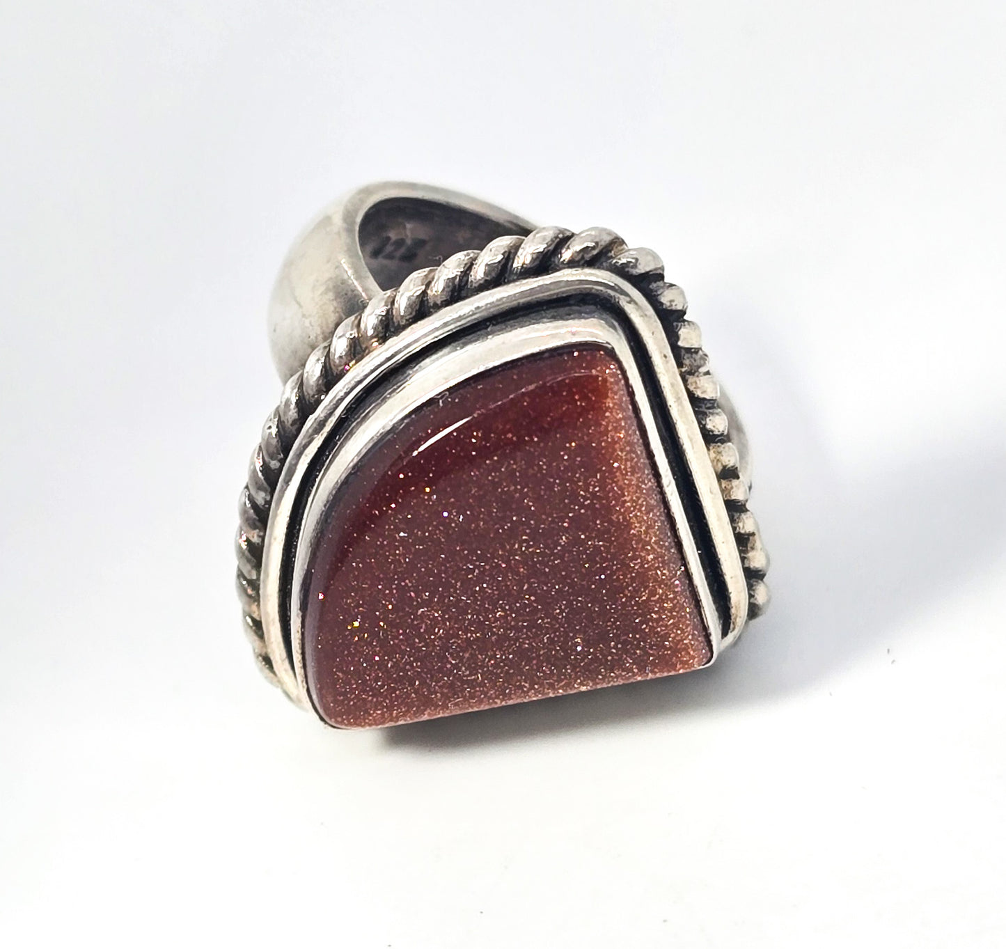Goldstone abstract heavy thick vintage sterling silver ring size 7