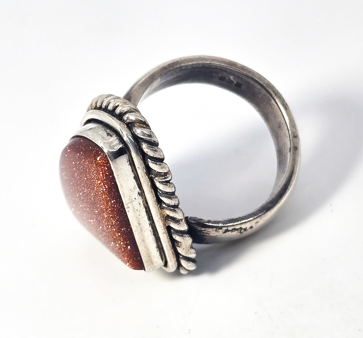 Goldstone abstract heavy thick vintage sterling silver ring size 7