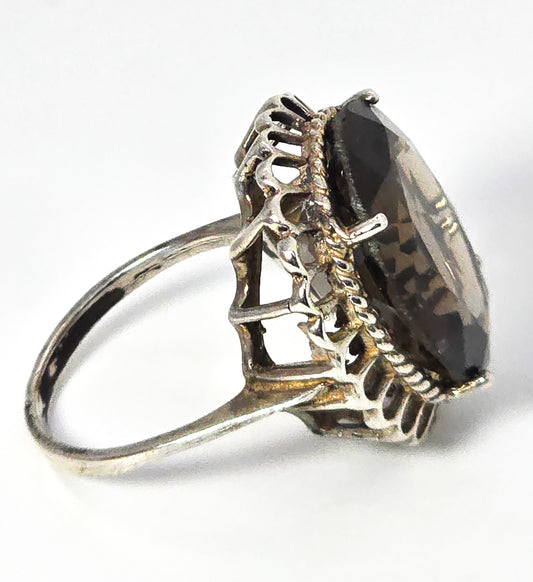 Smoky Quartz 14.96ct large gemstone vintage sterling silver ring size 8