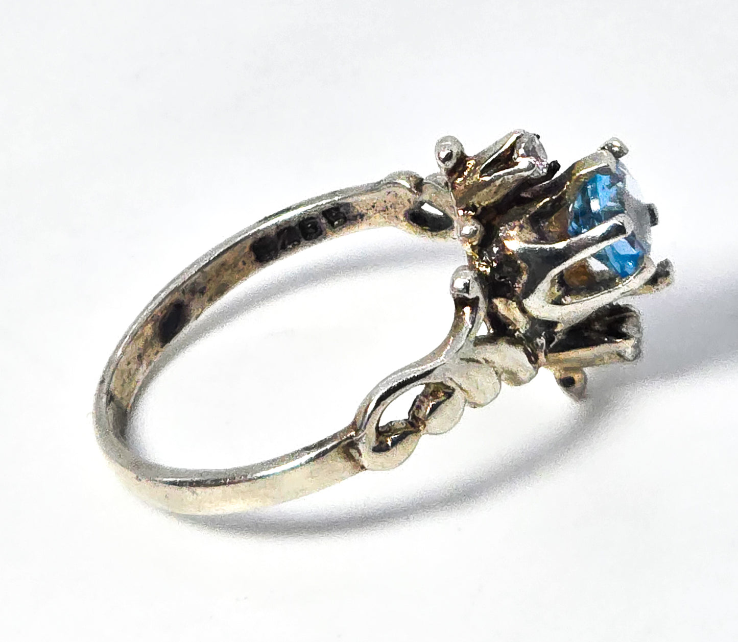 Blue Topaz gemstone Retro vintage filigree scroll sterling silver ring size 8