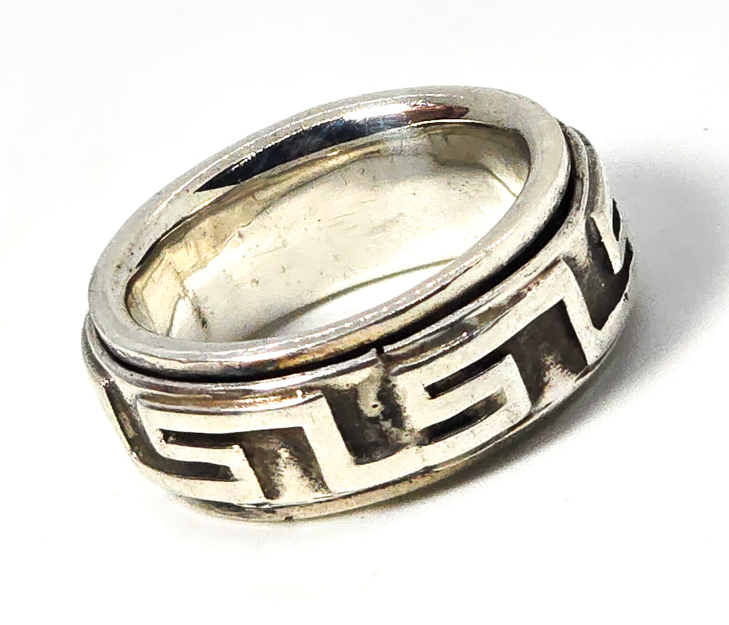 Greek Key double band solid sterling silver fidget spinner ring band size 7