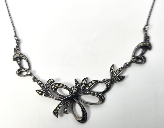Marcasite bow open work vintage Art Deco style sterling silver necklace