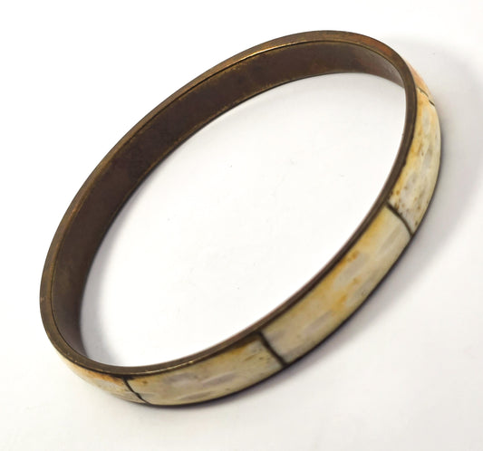 Natural cream inlay carved vintage brass bangle panel bracelet Boho hippy vintage India