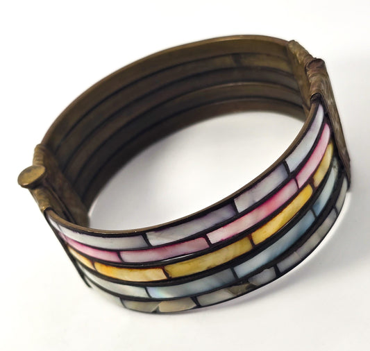 Mother of Pearl colored inlay brass rainbow vintage hinged pin bracelet