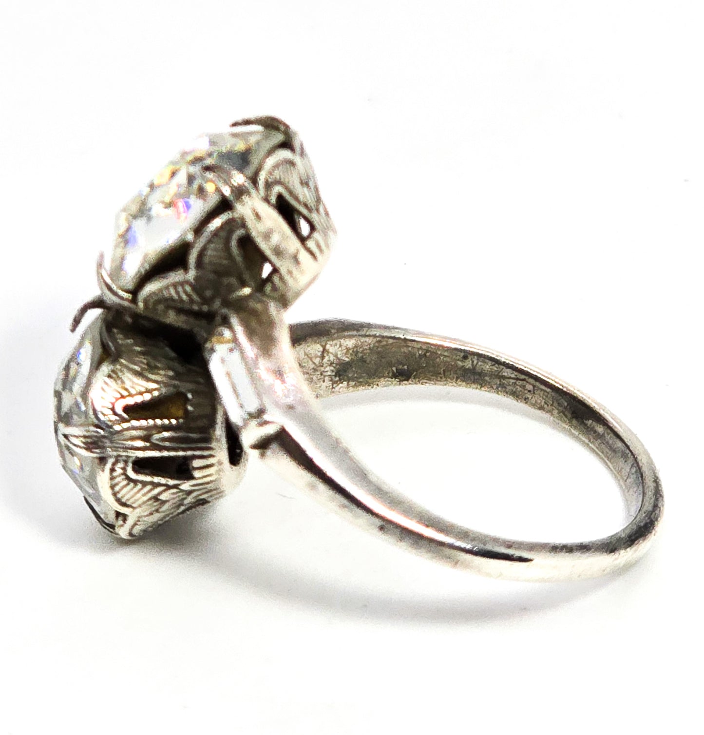 Uncas Art Deco double paste bypass antique sterling silver ring size 7.5