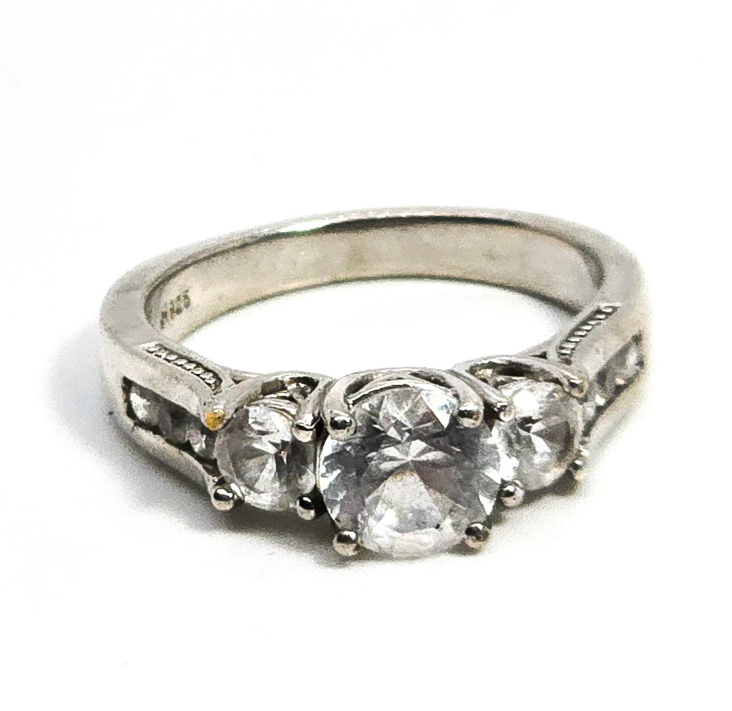 Princess cut three stone past present future white topaz sterling silver ring size 7