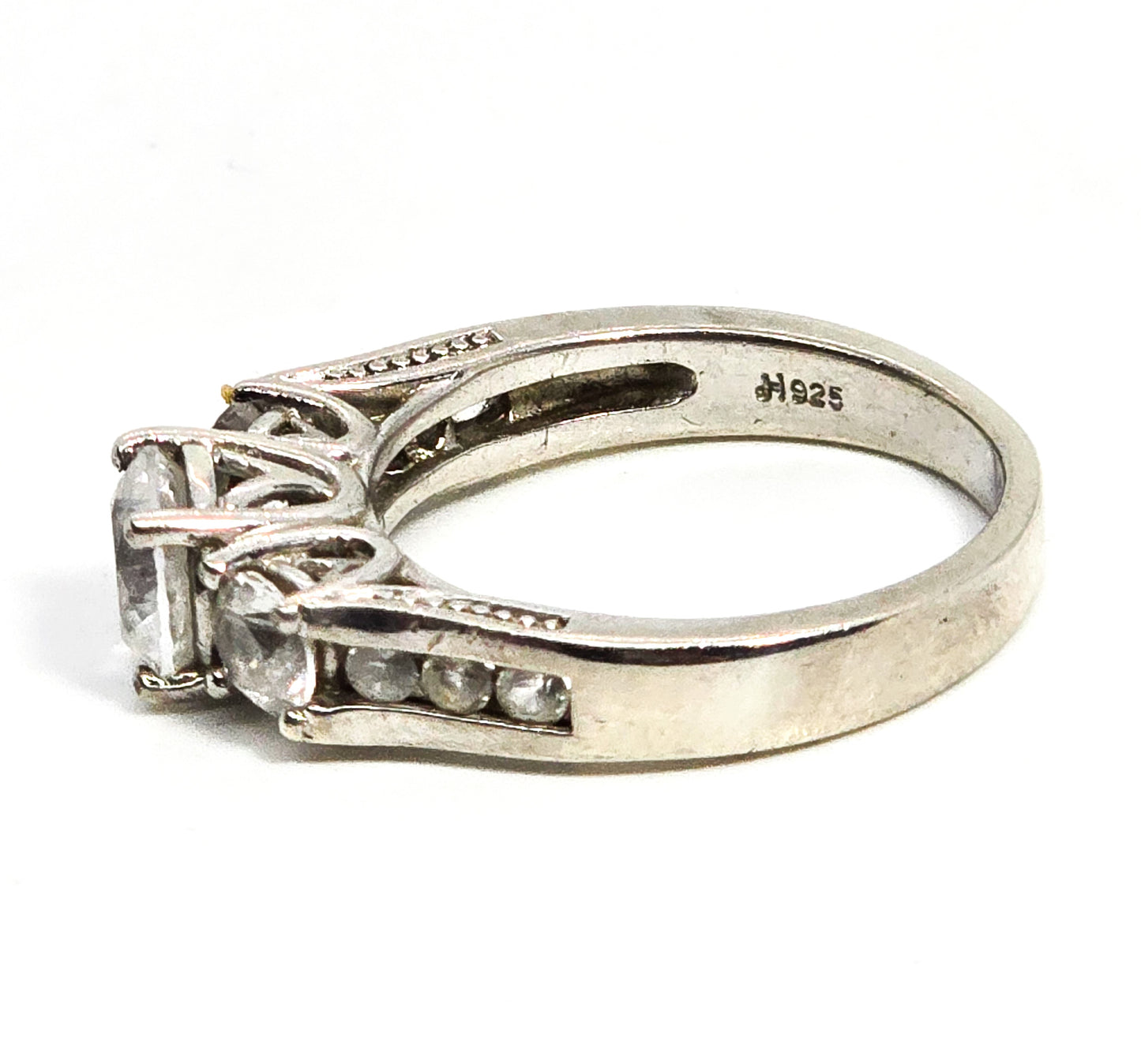 Princess cut three stone past present future white topaz sterling silver ring size 7