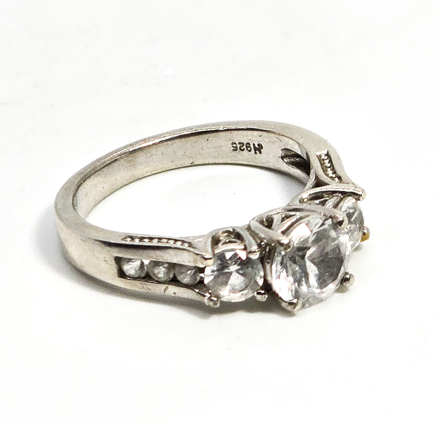 Princess cut three stone past present future white topaz sterling silver ring size 7
