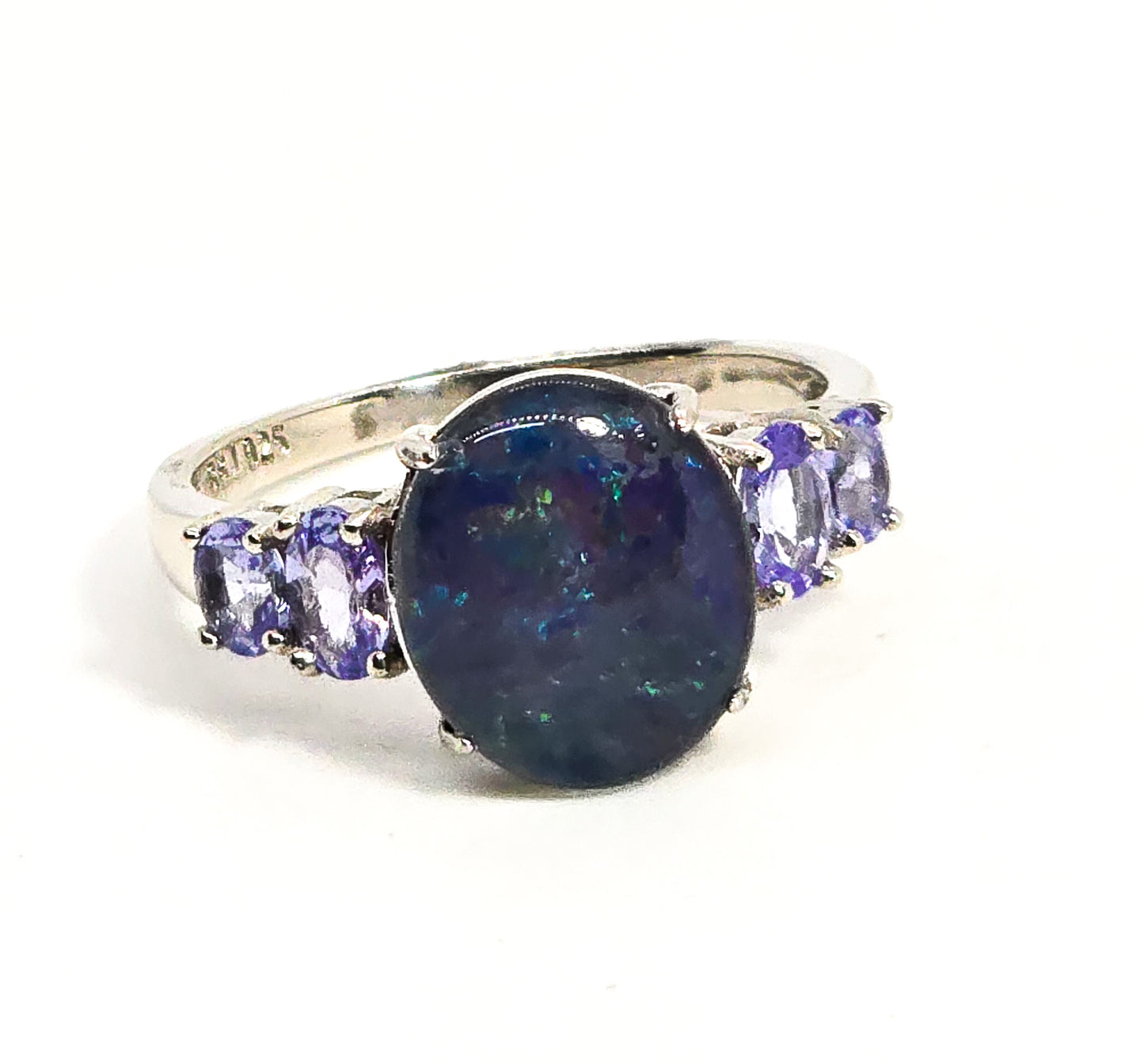 Blue opal triplet tanzanite sterling silver ring signed BBJ size 8.5