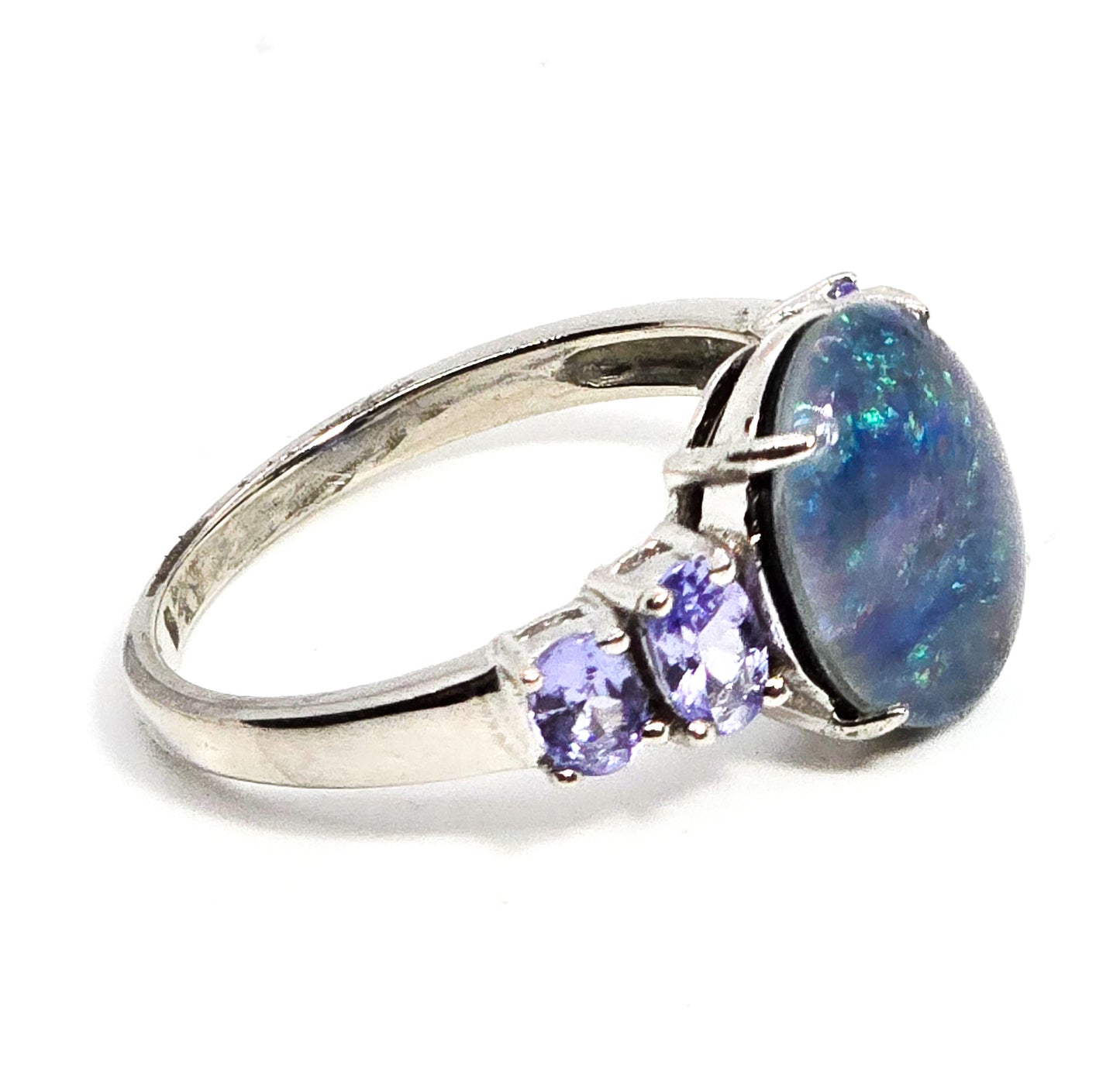 Blue opal triplet tanzanite sterling silver ring signed BBJ size 8.5