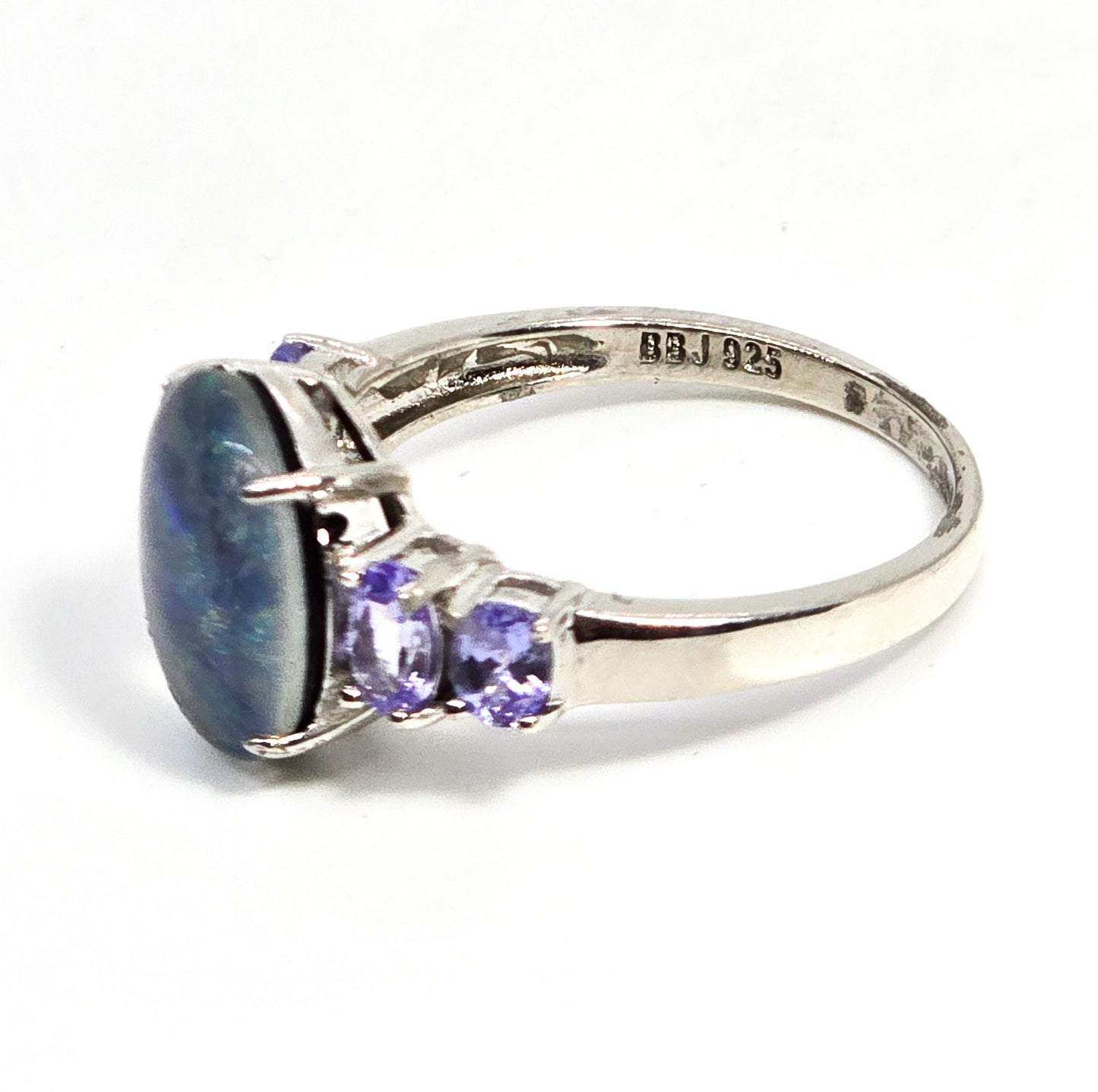 Blue opal triplet tanzanite sterling silver ring signed BBJ size 8.5