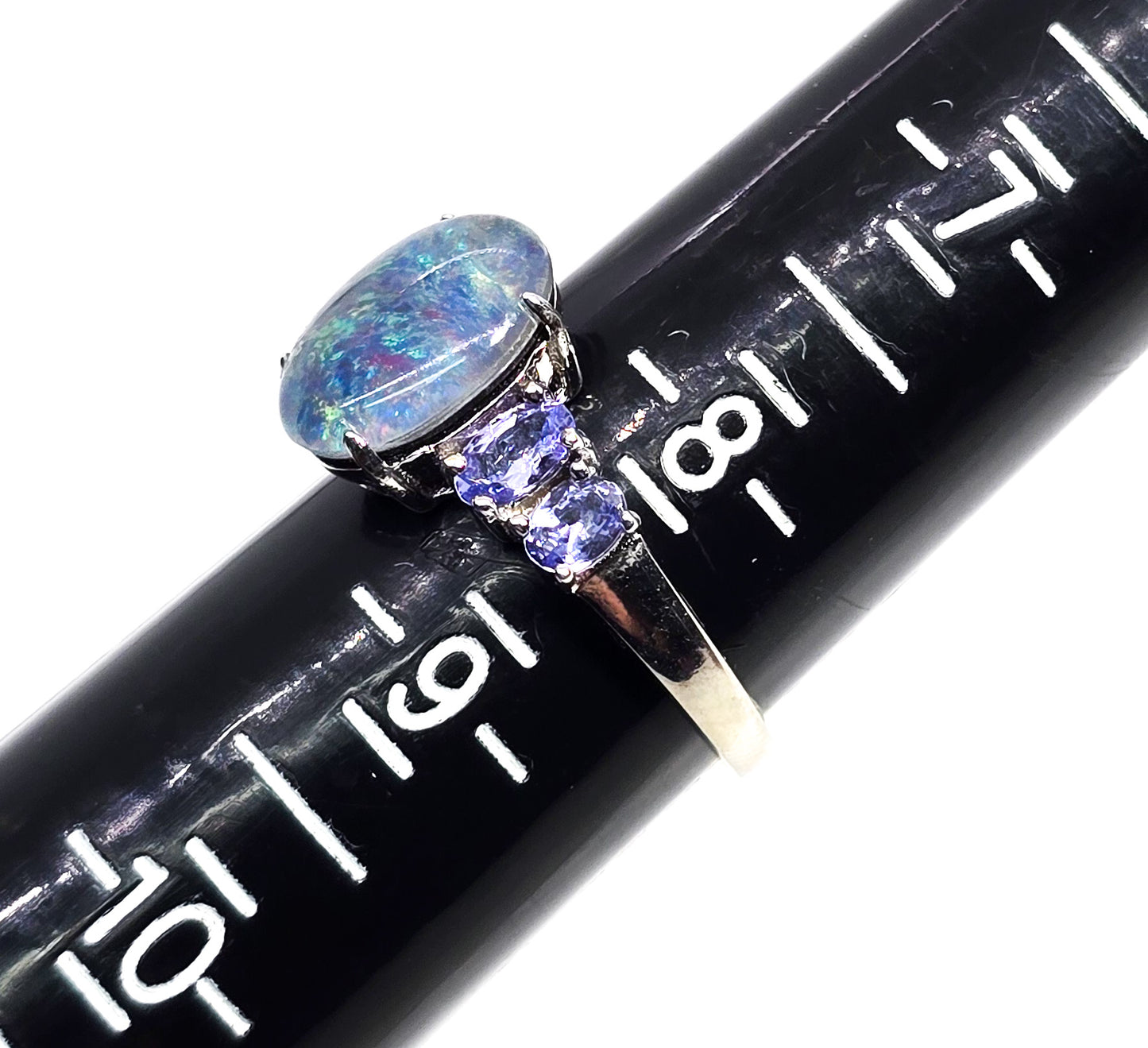 Blue opal triplet tanzanite sterling silver ring signed BBJ size 8.5