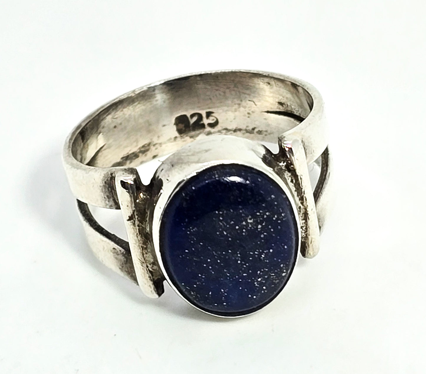 Lapis Lazuli large oval gemstone split shank sterling silver ring size 6.5