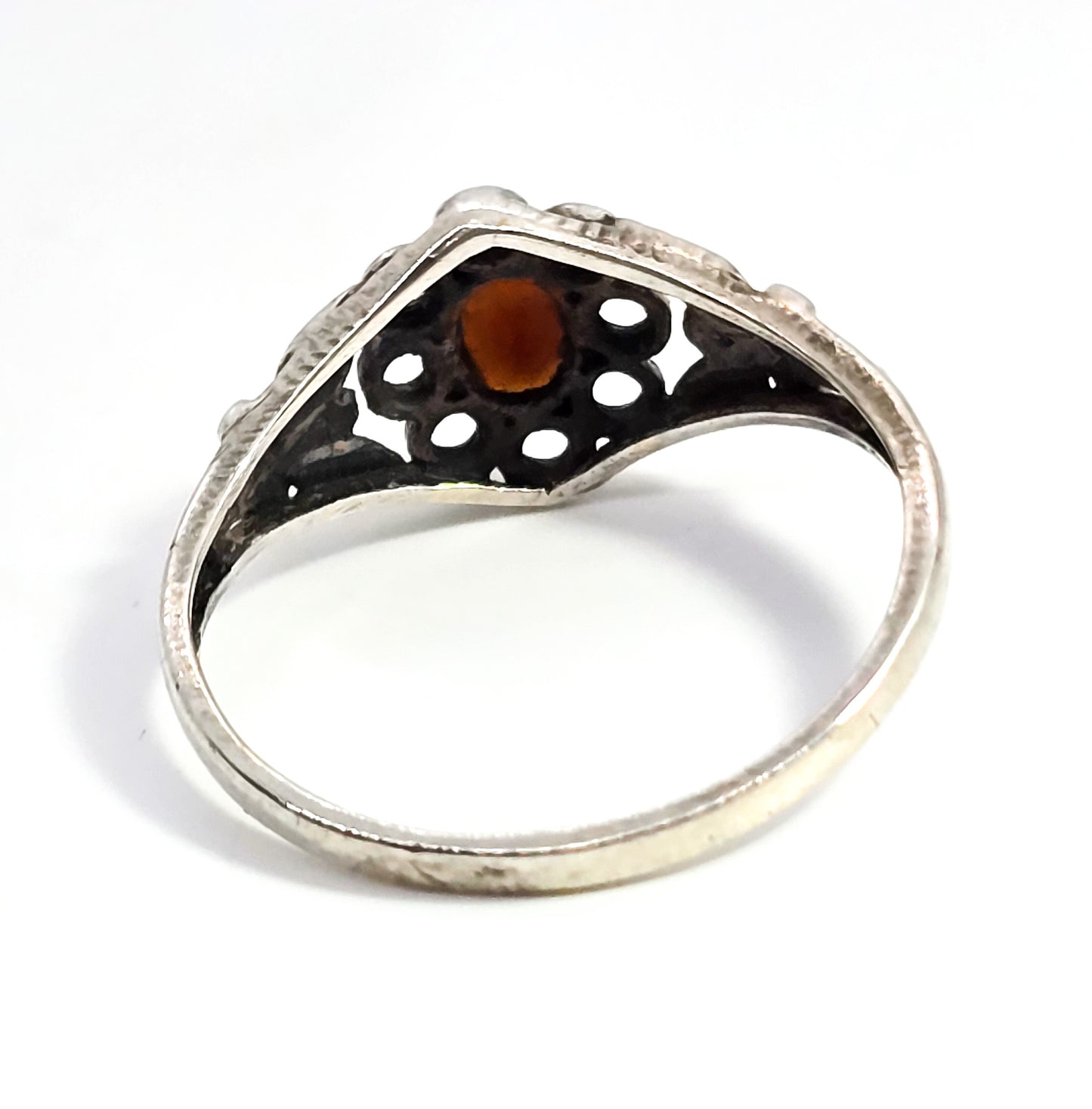 Red Garnet flower filigree vintage sterling silver open work ring size 7