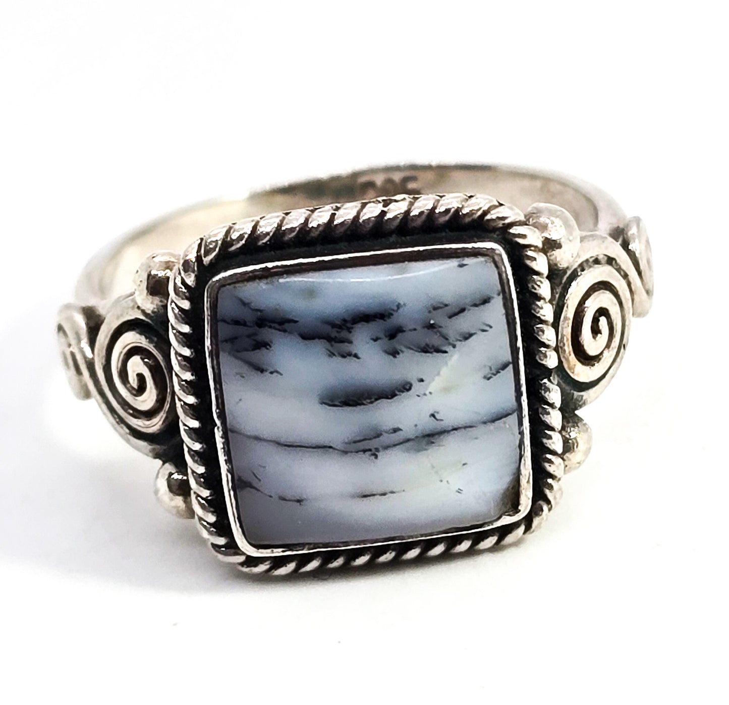 Dendritic opal sterling silver bali Balinese style gemstone statement ring size 8.5