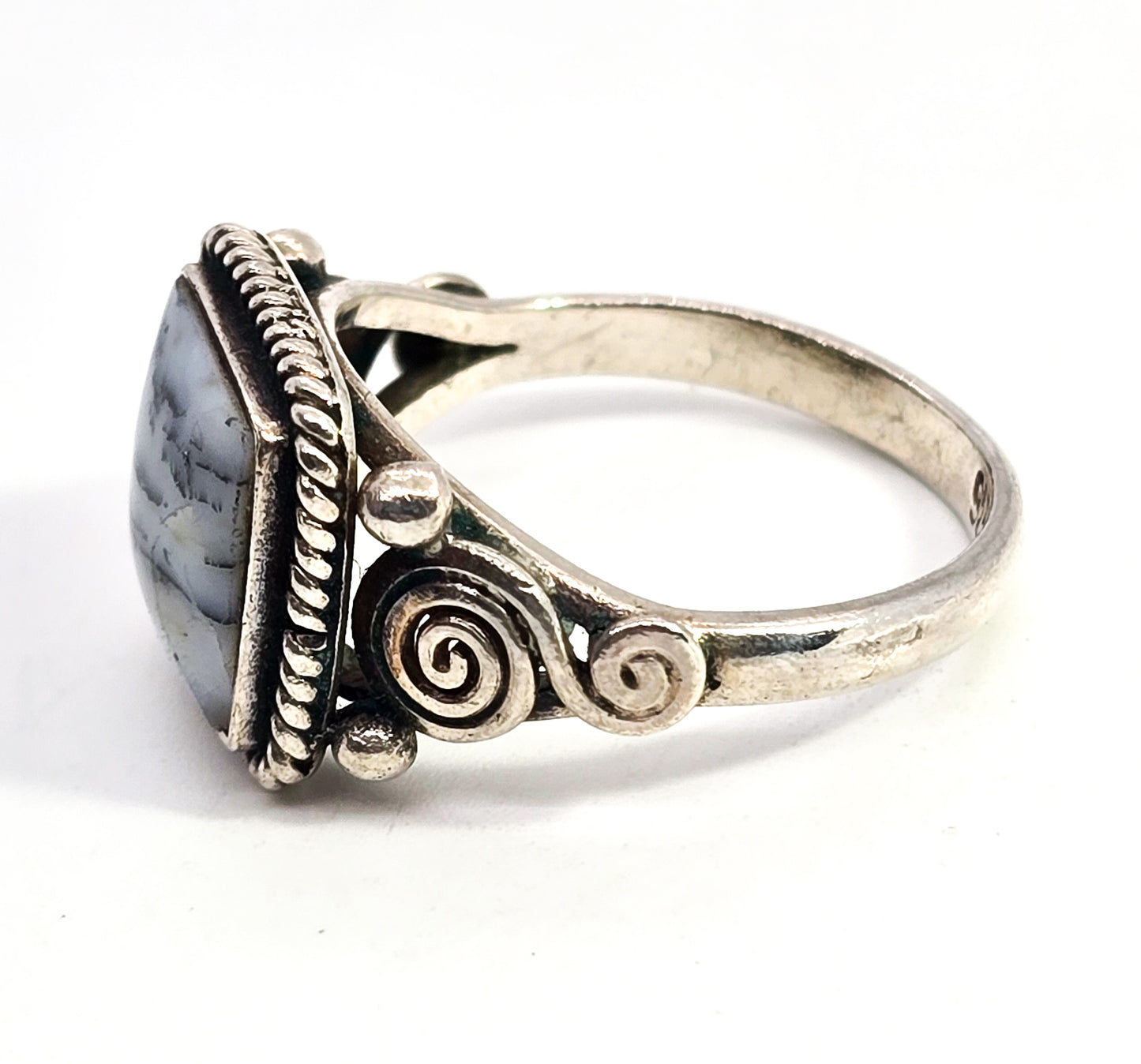 Dendritic opal sterling silver bali Balinese style gemstone statement ring size 8.5
