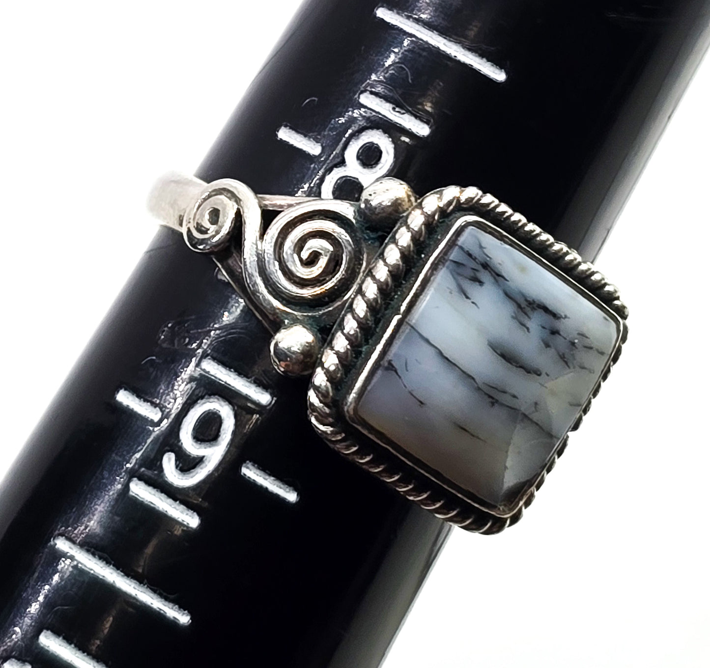 Dendritic opal sterling silver bali Balinese style gemstone statement ring size 8.5