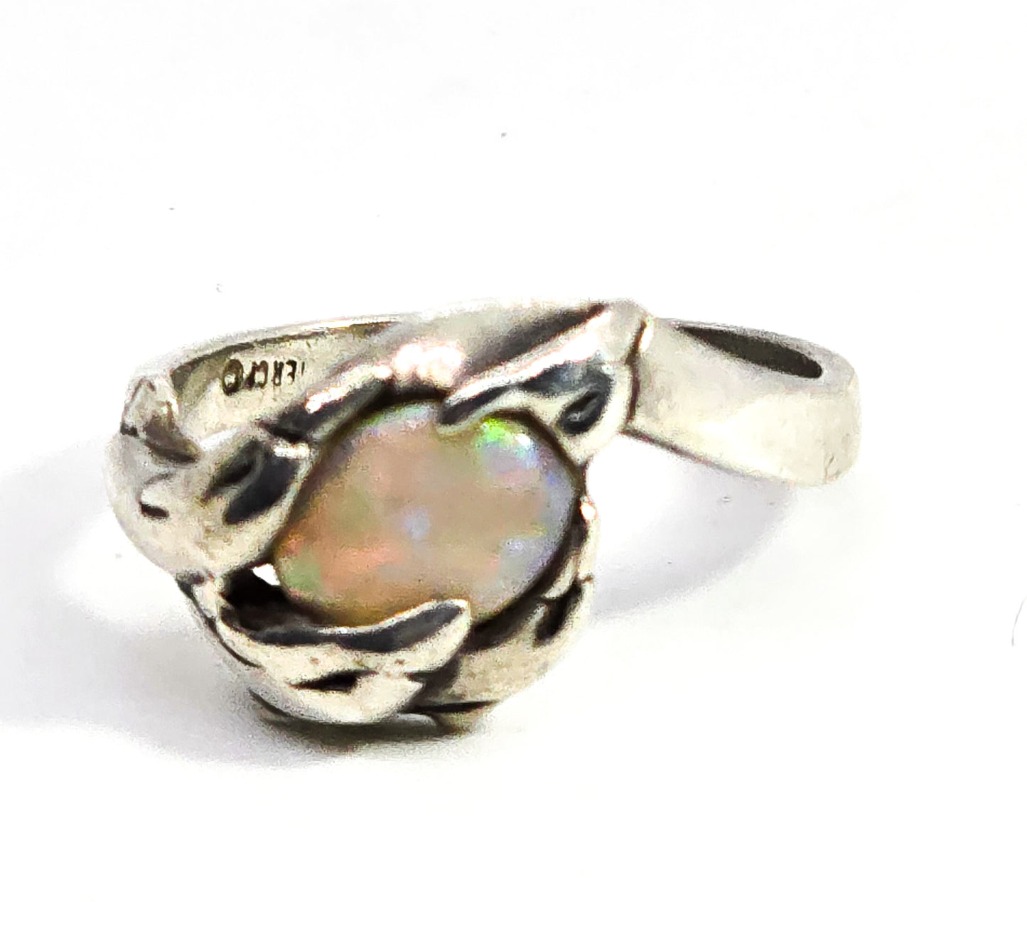 Bright fire opal swimming dolphins sterling silver vintage ring size 6.5