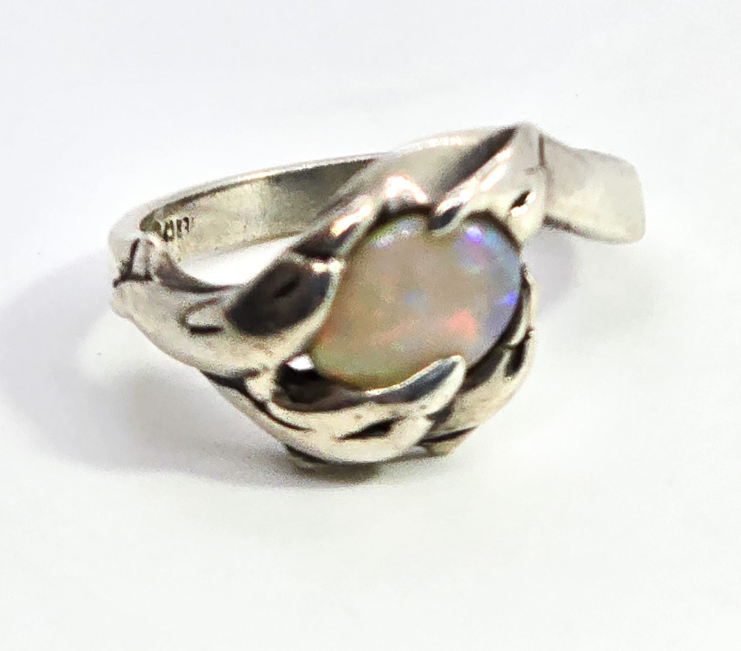 Bright fire opal swimming dolphins sterling silver vintage ring size 6.5